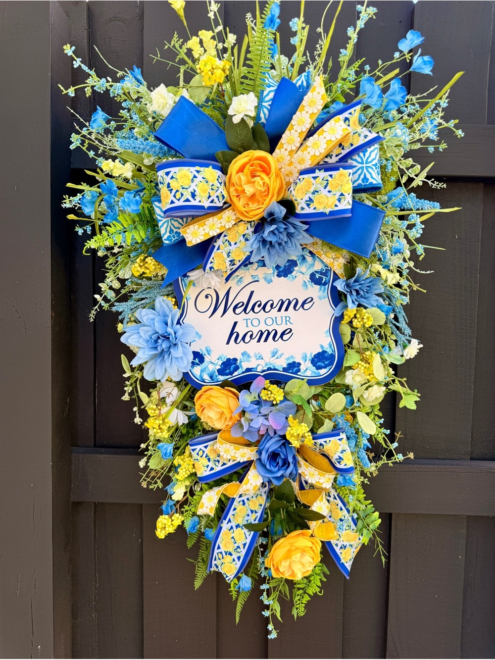 Hand Crafted Blue and Yellow Welcome Home Door Wreath